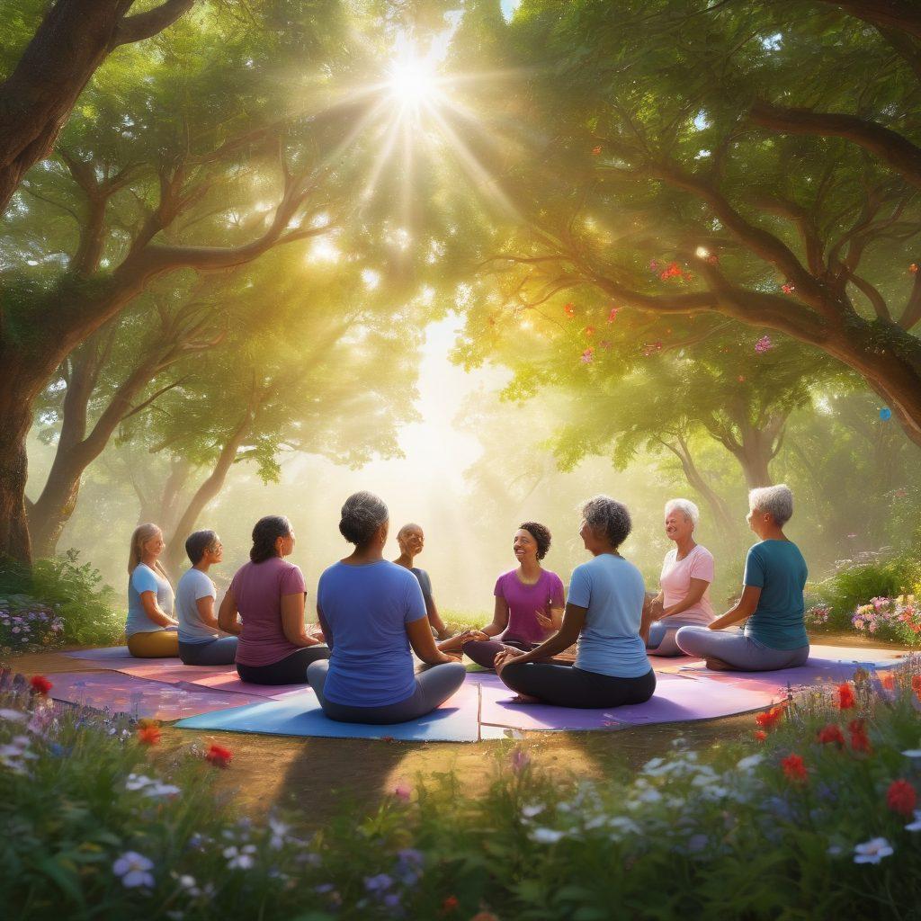 A warm and inviting scene depicting a diverse group of cancer survivors gathered in a supportive circle, sharing stories and laughter. Soft sunlight filters through a leafy canopy overhead, illuminating their smiles and the vibrant colors of wildflowers surrounding them. Include supportive community symbols like hands joined together and wellness elements such as yoga mats and healthy snacks. super-realistic. vibrant colors. peaceful atmosphere.