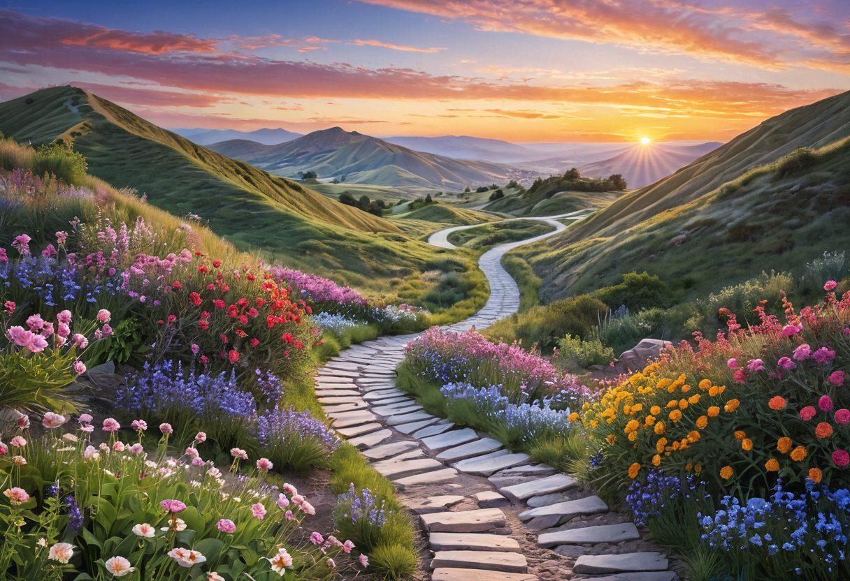 A serene landscape depicting a winding path representing the journey through cancer care, with sections illustrating diagnosis, treatment, and survivorship. Include symbolic elements like support hands, blooming flowers, and a sunrise to signify hope and resilience. The background should feature a mix of gentle hills and a clear sky to evoke a sense of tranquility. super-realistic. vibrant colors. soft focus.