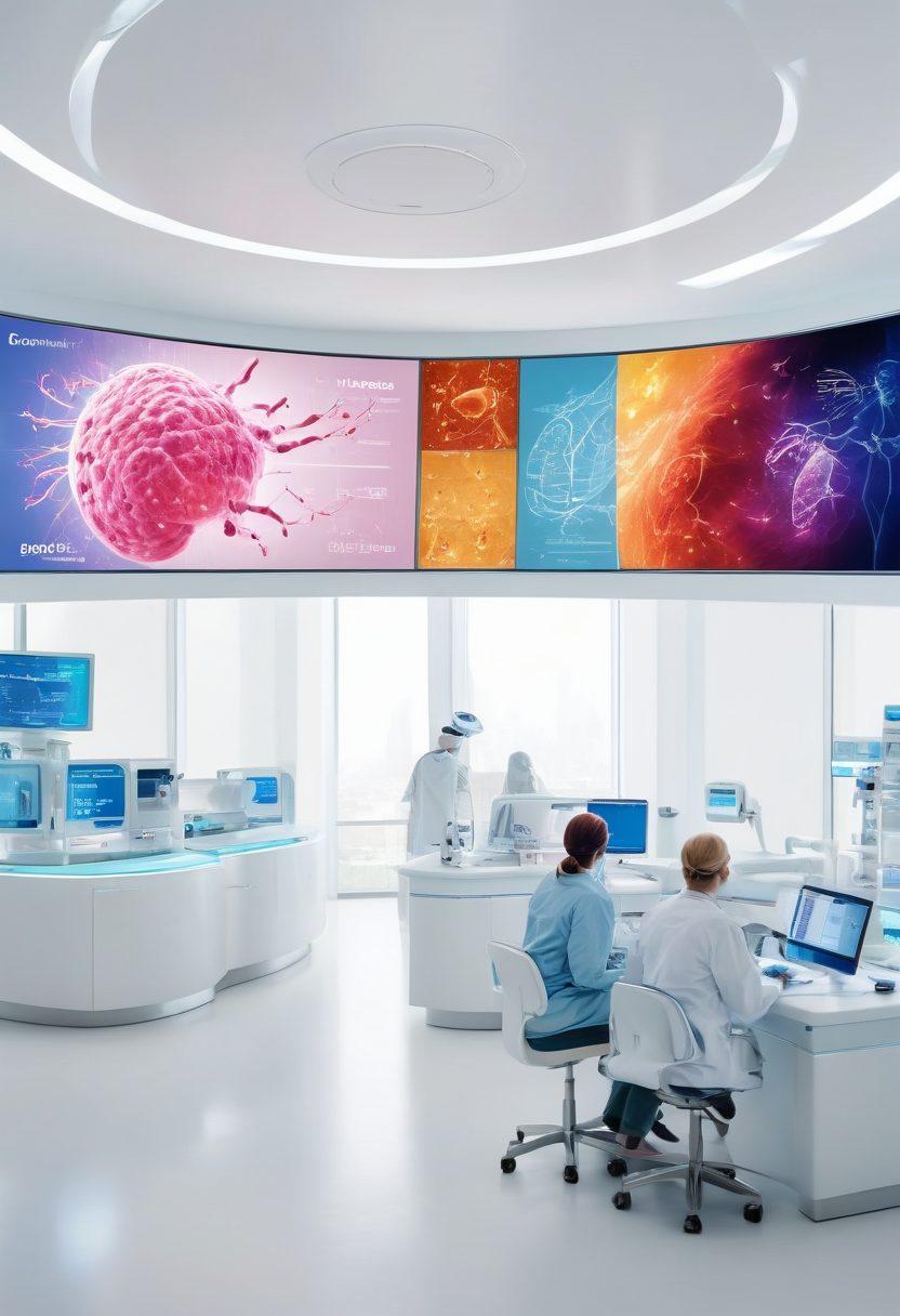 A futuristic oncology clinic bustling with activity, showcasing diverse patients discussing treatment options with doctors. Include advanced medical technology and digital screens displaying clinical trial data. Bright, hopeful colors convey a sense of innovation and advancement in cancer treatment. Captivating visuals of human connections in healthcare, showcasing the compassionate side of medical advancements. super-realistic. vibrant colors. white background.